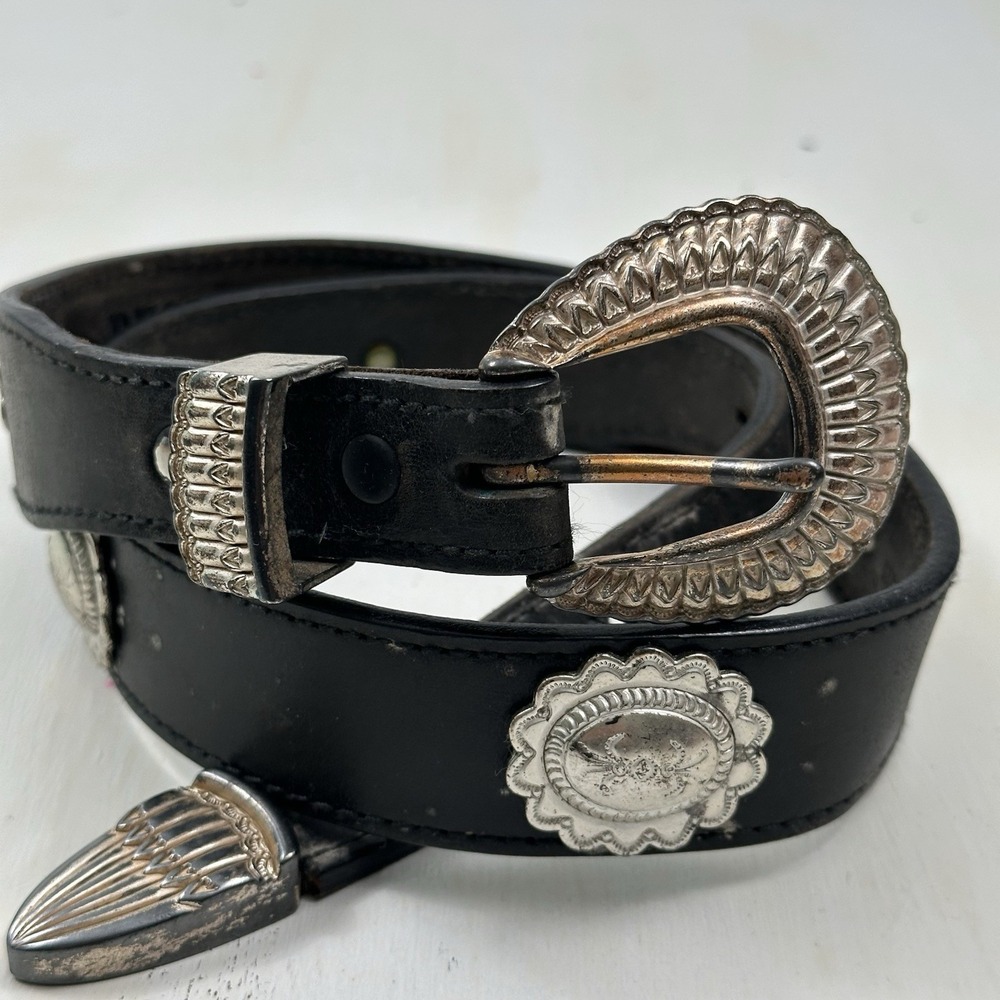 VTG RESISTOL concho belt Tag 32 34 36 WESTERN Cowboy Black leather Navajo